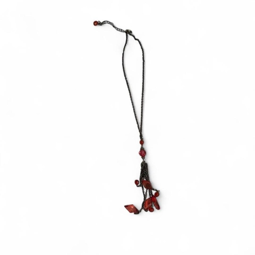 Red Beaded Tassel Pendant Necklace Gunmetal Chain Gothic Boho Y-Necklace - Picture 2 of 4